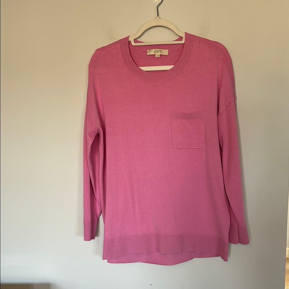 LOFT Sweater Womens Medium Pink Pocket Tunic Crewneck Pullover Soft Preppy Basic